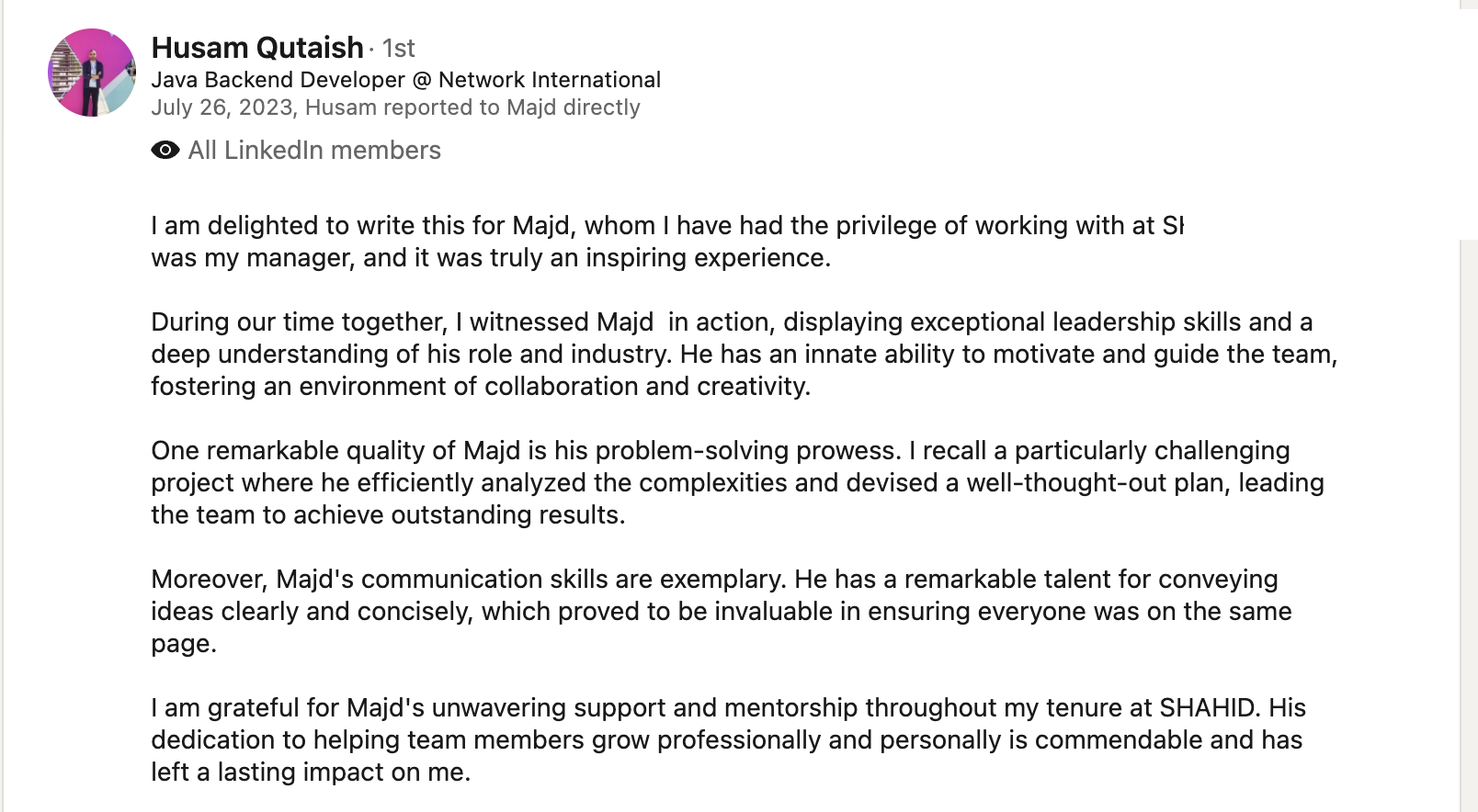 Recommendation from Husam Qutaish
